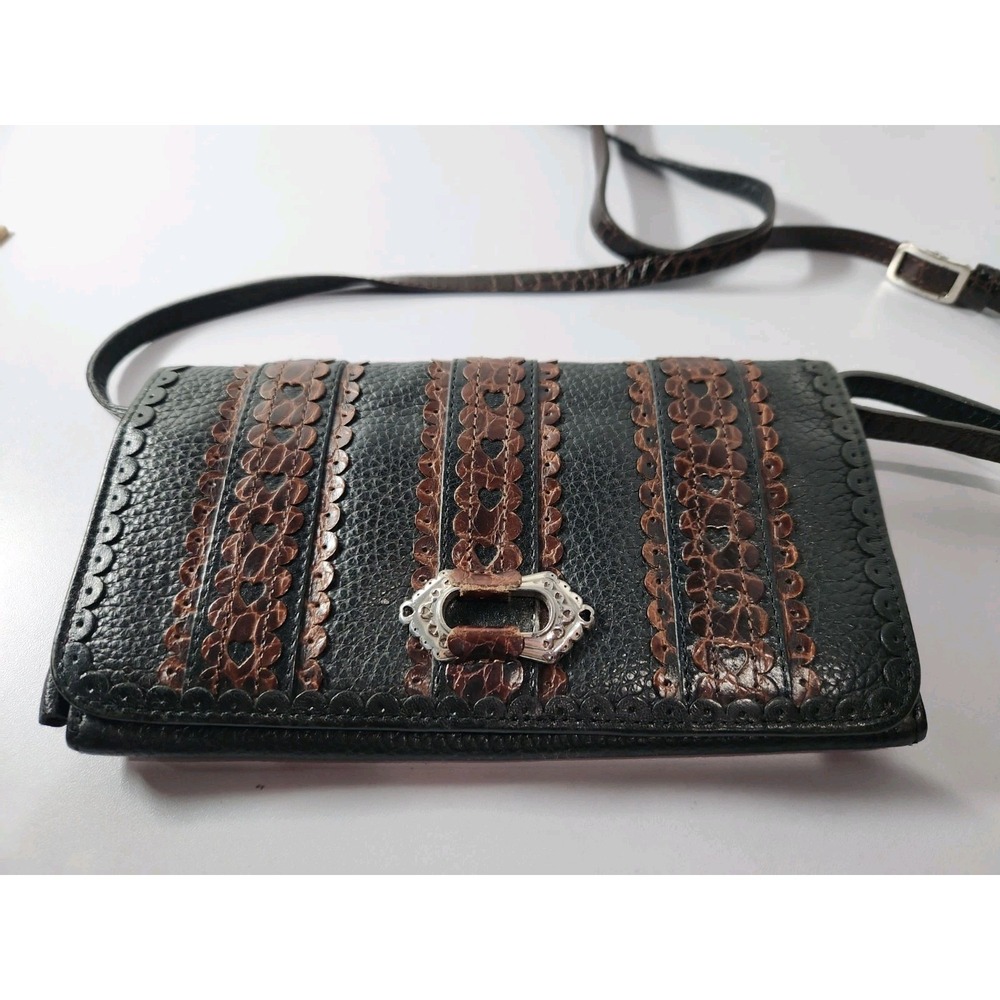 Brighton Crossbody Wallet Bag Black Leather Brown Croc Heart Detail Organizer